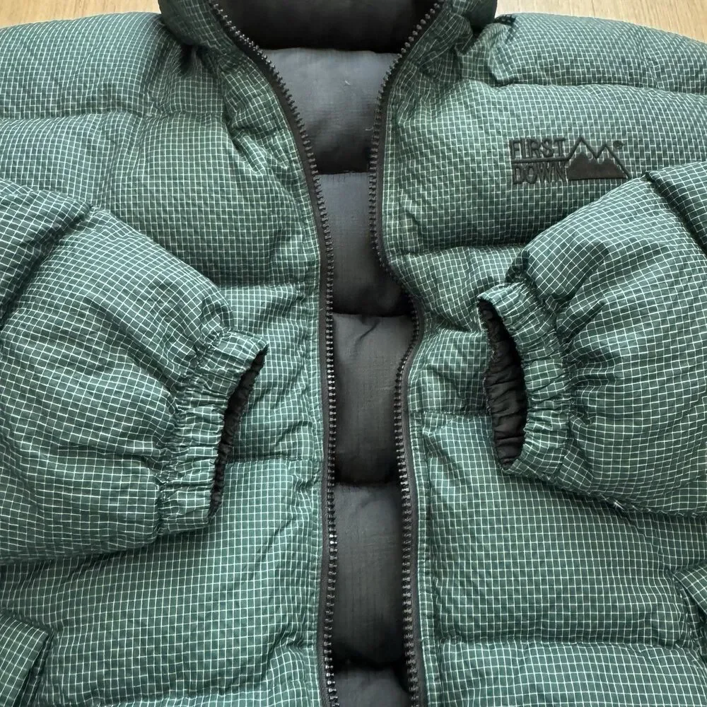 Vintage 90s First Down Men XL Duck Down Puffer Coat Reversible Green Black